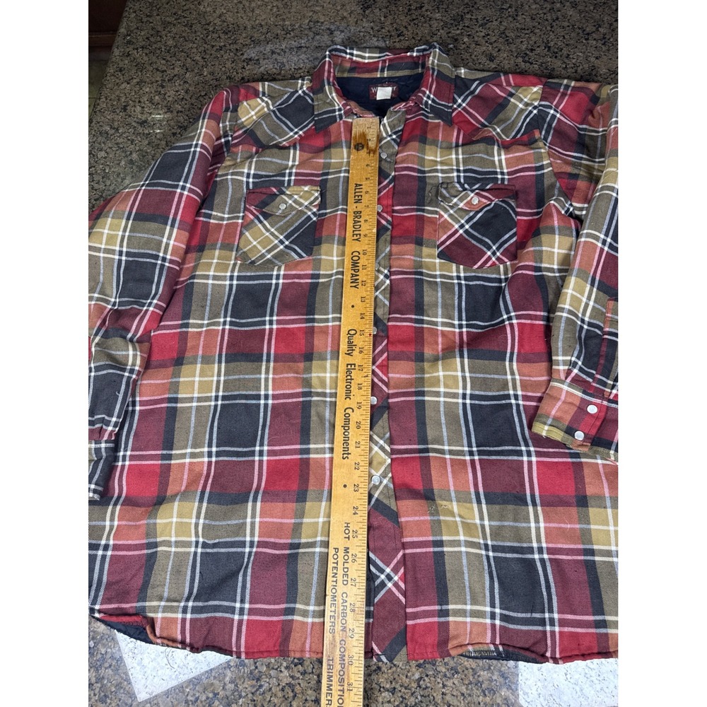 Wrangler Western Quilted Flannel Shirt Jacket Red Plaid Pearl Snap 3XT Tall - Picture 2 of 6